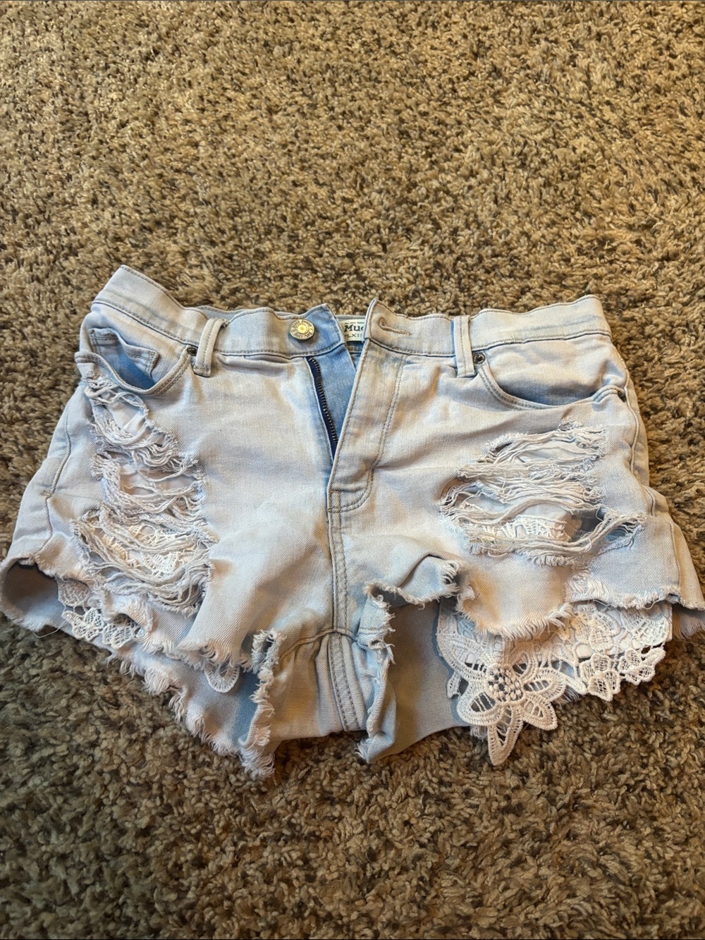 Mudd Light Blue Distressed Denim Shorts with Lace